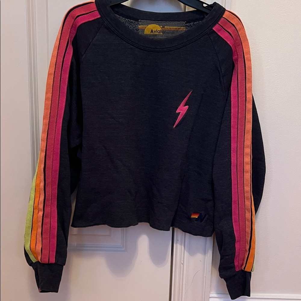 Aviator Nation Lightning Bolt Gray  Sweatshirt.  Pinks, Yellow, Orange Stripes M